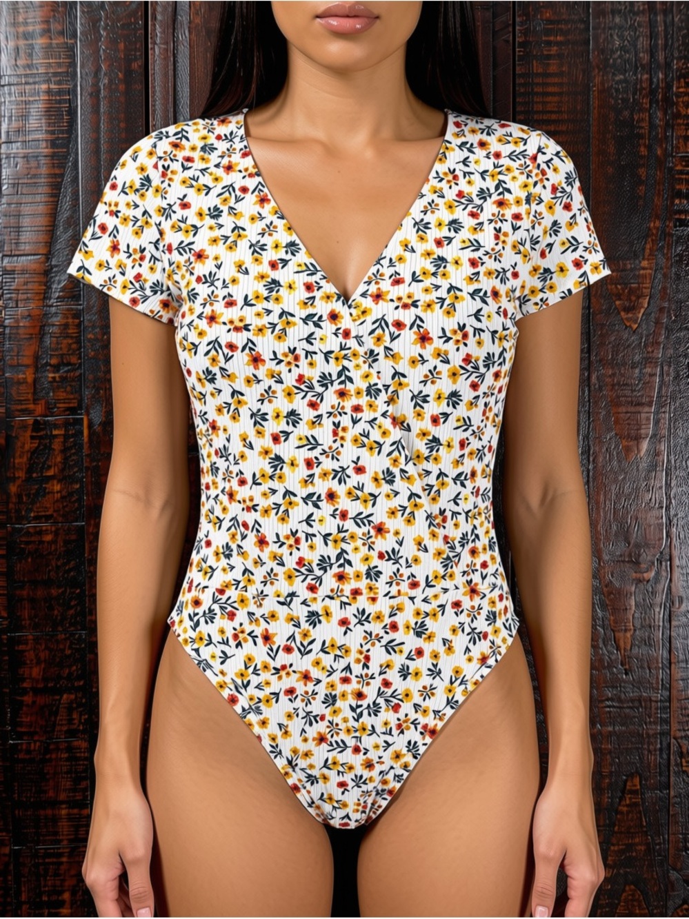 White Floral V-neck Short Sleeve Ribbed Bodysuit NWT XL